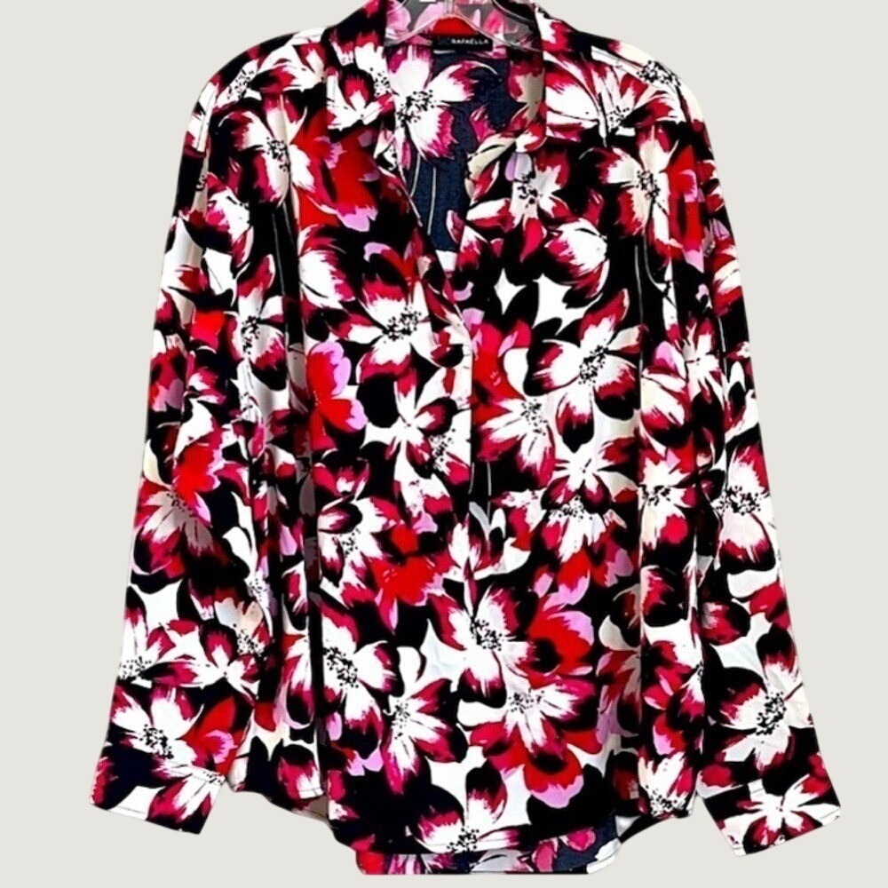 Rafaella Floral Blouse Womens Large Relaxed Fit Long Sleeve Split Neck Career